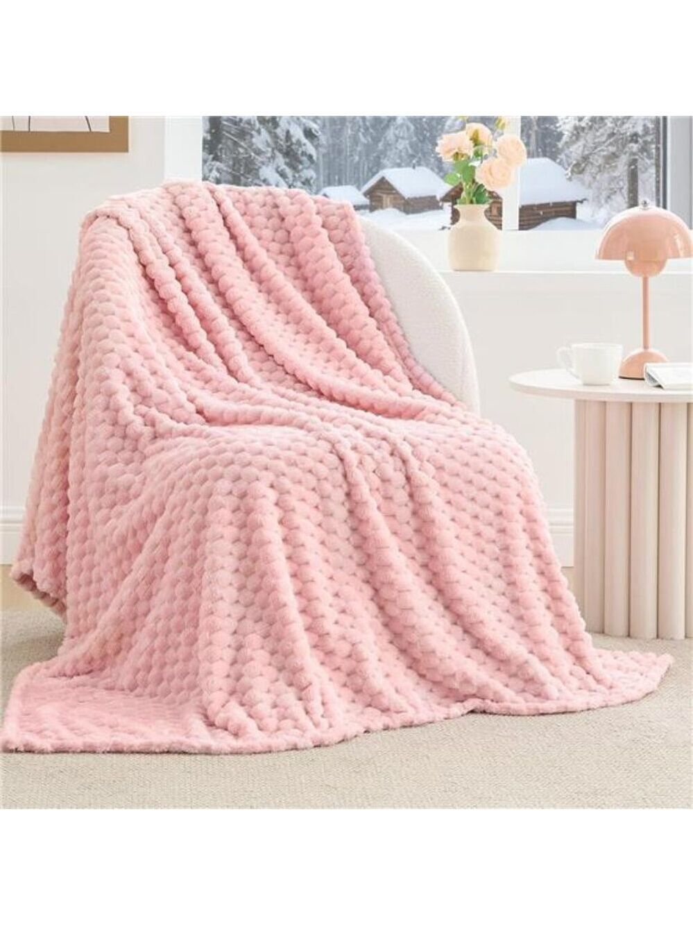 Fleece Blanket 3D Jacquard Throw Pink Soft Cozy Warm Plush Decorative Blanket